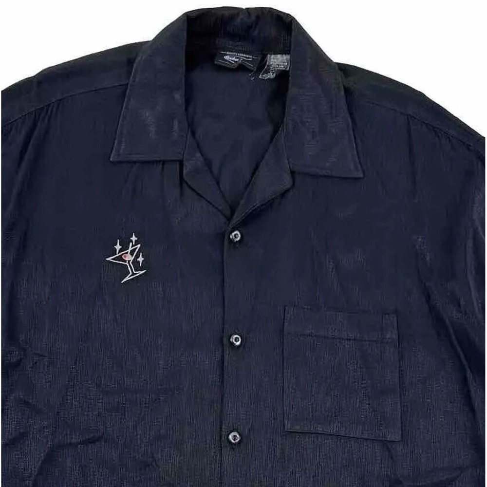 VTG Anchor Blue Mens Large Camp Shirt Black Martini Lounge 90s Y2K Bowling USA